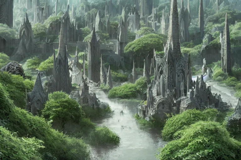 Prompt: An elven city at the base of a lush green hill with white monoliths surrounded by a moat, clear blue skies in the background, by Greg Rutkowski, Sung Choi, Mitchell Mohrhauser, Maciej Kuciara, Johnson Ting, Maxim Verehin, Peter Konig, 8k photorealistic, cinematic lighting, HD, high details, dramatic, trending on artstation