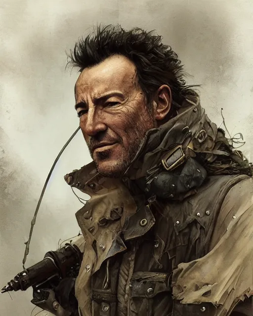 Image similar to A full portrait of Bruce Springsteen as a handsome post apocalyptic nordic explorer, intricate, elegant, highly detailed, digital painting, artstation, concept art, smooth, sharp focus, illustration, art by Krenz Cushart and Artem Demura and alphonse mucha