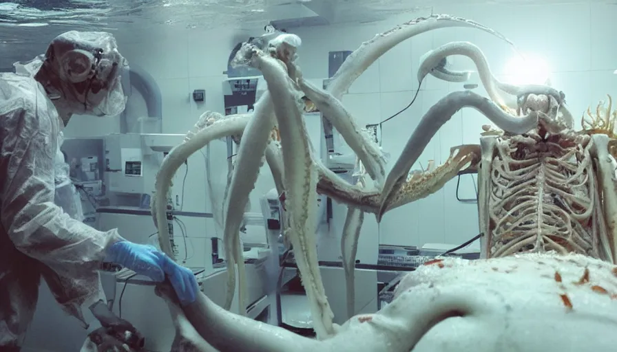 Prompt: Big budget horror movie set in an undersea biolab about a cyborg doing an autopsy on a giant squid's skeleton