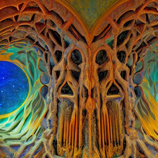 Image similar to Liminal space in outer space by architect Antoni Gaudí, colorized