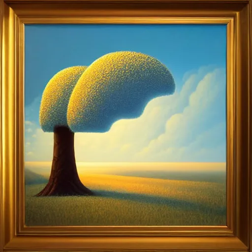 Prompt: a painting of an unimaginably beautiful landscape at golden hour, an ultrafine detailed painting by rafal olbinski, behance contest winner, pop surrealism, detailed painting, very detailed, minimalist, skeuomorphic, airbrush art