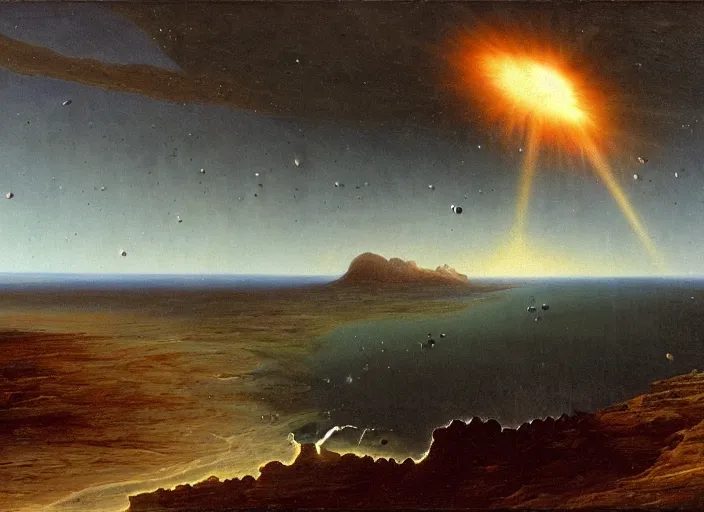 Image similar to earth during the cretaceous – paleogene extinction event, just as the asteroid is colliding with earth, the asteroid later forms the chicxulub crater, in the style of hudson river school of art, oil on canvas