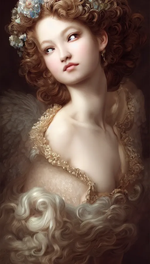 Prompt: rococo, baroque hair, angelic young female seductive - fine - face, pretty face, key visual, realistic shaded perfect face, fine details by stanley artgerm lau, wlop, nekro, james jean, andrei riabovitchev, marc simonetti, and sakimichan, trending on artstation