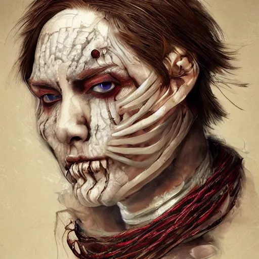 Image similar to portrait of a Shibari rope wrapped face and neck, headshot, insanely nice professional hair style, dramatic hair color, digital painting, of a old 15th century, old cyborg merchant, amber jewels, baroque, ornate clothing, scifi, realistic, hyperdetailed, chiaroscuro, concept art, art by Franz Hals and Jon Foster and Ayami Kojima and Amano and Karol Bak,