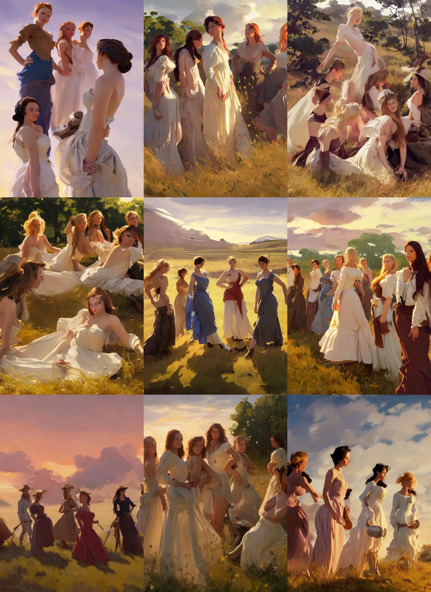 Prompt: group of beautiful finnish norwegian swedish scandinavian attractive glamour models wearing 1 7 th century bodice with low neckline working in the field at sunset, jodhpurs greg manchess painting by sargent and leyendecker, studio ghibli fantasy medium shot asymmetrical intricate elegant matte painting illustration hearthstone, by greg rutkowski by greg tocchini by james gilleard