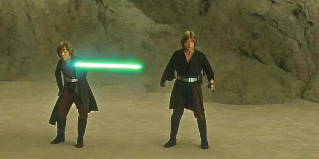 Image similar to Luke Skywalker Return of the jedi played by Mark Hamill 1983, standing alone, full body shot, motion blur, sequel trilogy 80s, green lightsaber, heroic pose, ultra realistic, 4K, movie still, UHD, sharp, detailed, cinematic, render, modern