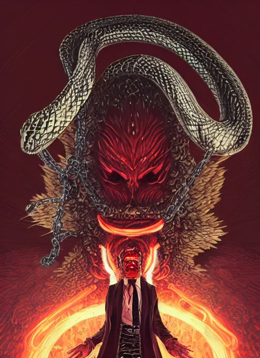 Image similar to lucifer, dark angel, hybrid human with snake, red eyes, chain, handcuffs, large chain, wide open mouth, scream, cruelty, sea bottom, light effect, highly detailed, artstation, concept art, matte, sharp focus, illustration, by dan mumford, yusuke murata, makoto shinkai, ross tran