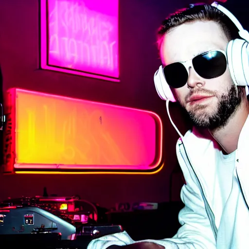 Image similar to the goat dj in a white jacket, retrowave, neon light,