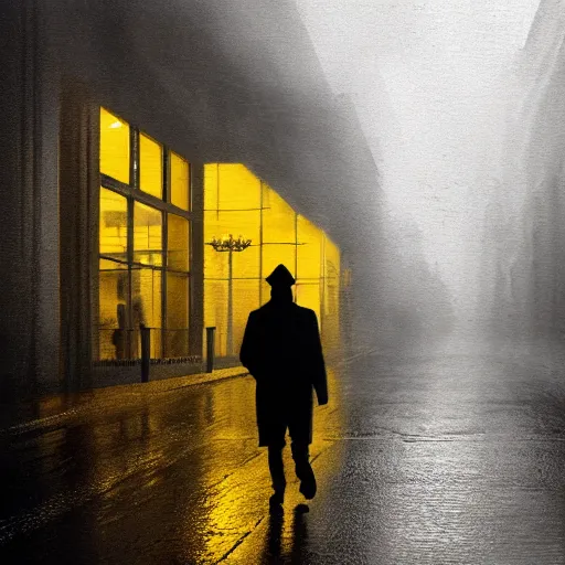 Image similar to A dramatic portrait painting of a man wearing yellow rain coat , walking in a black and white street . Cinematic lighting