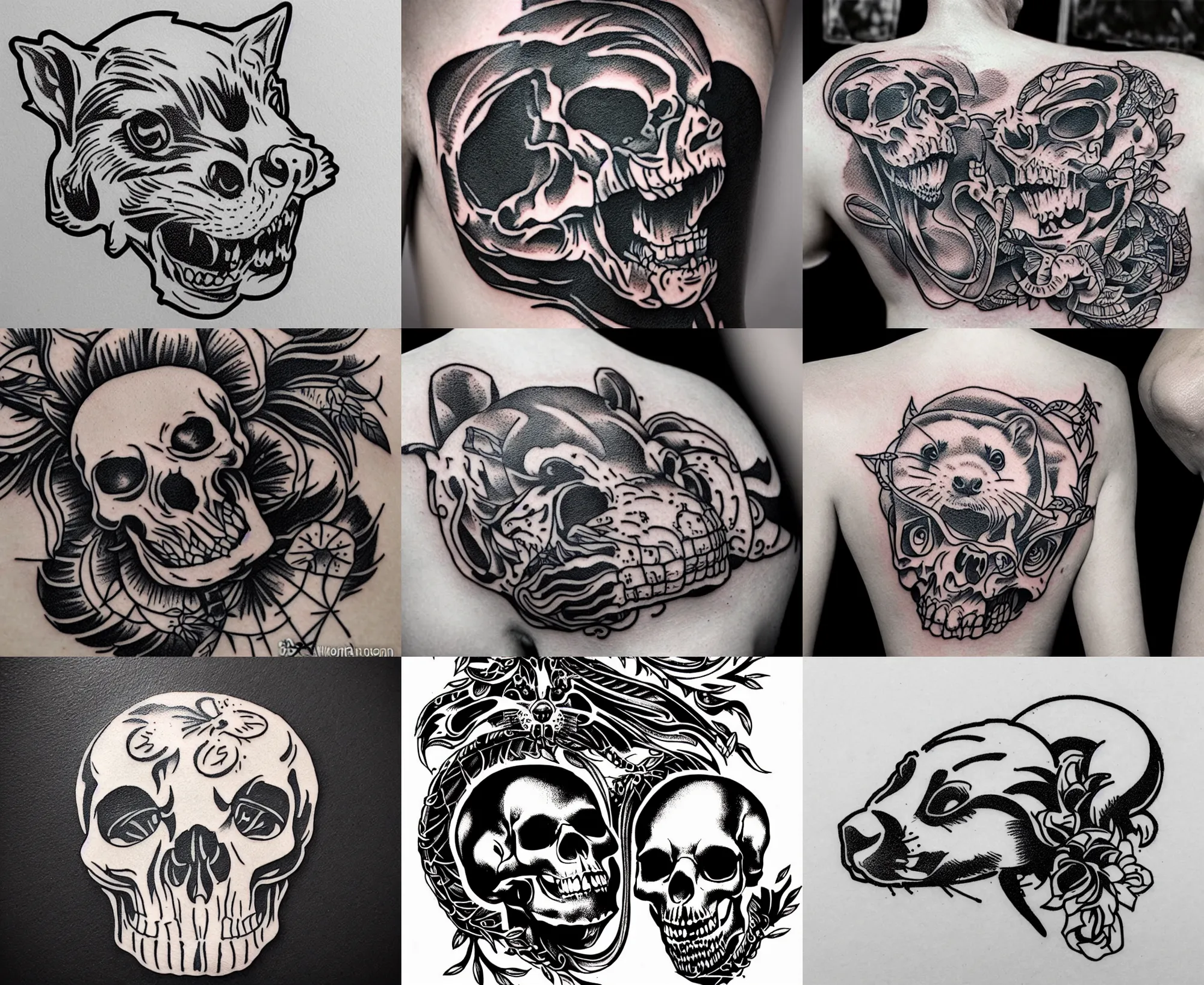 Prompt: detailed tattoo stencil, ferret crawling on human skull