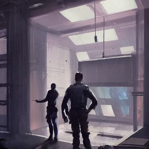 Image similar to concept art by greg rutkowski, the interior of a futuristic police station converted as a shelter, dim lighting, the windows were covered with steel plates and the desks as barricades, depressing atmosphere, scifi, digital painting, artstation, concept art, smooth, sharp foccus ilustration, artstation hq