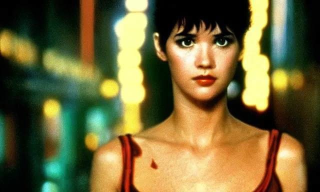 Prompt: full - color cinematic movie still from the 1 9 8 2 film blade runner starring actress phoebe cates. science - fiction ; action ; neon ; gritty ; dystopian ; detective mystery. detailed facial - features.