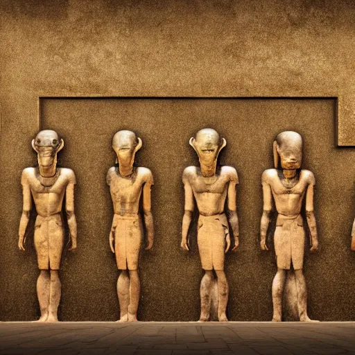 Prompt: realistic render of a group of aliens in front of hieroglyphs on a wall, cinematic lighting