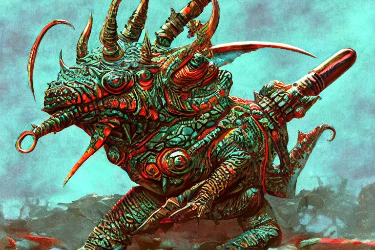 Image similar to bullywug knight shiva of guns of the victor's coronet, in the style of anne sudworth and wayne douglas barlowe, trending on artstation, iridescent turquoise lighting product view gigapixel, monster manual entry, tilt - shift, anaglyph effect, hieroglyphics