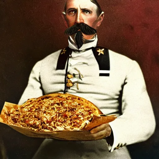 Prompt: a 1 8 5 8 colorized photo of general pitzer a union general eating a large chicken burrito with cheese and salsa