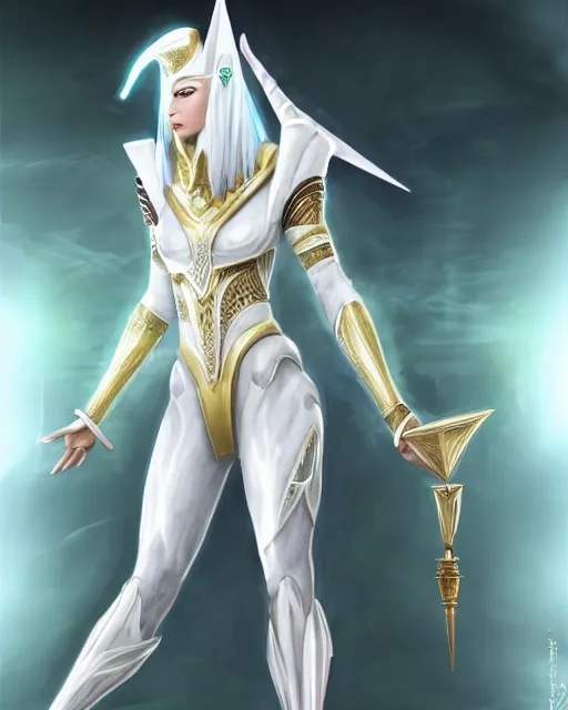 Image similar to perfect white haired attractive egyptian goddess, warframe armor, pharaoh headdress, beautiful, symmetric, dreamy, half asian, pretty face, green eyes, charlize theron, detailed, scifi platform, laboratory, experiment, 4 k, ultra realistic, epic lighting, android body, illuminated, cinematic, masterpiece, art by akihito tsukushi, voidstar