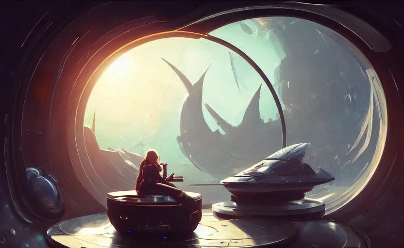 Prompt: spaceship interior with a round window with a view on a planet, fantasy, natural light, concept art, by greg rutkowski, cozy atmospheric and cinematic lighting, trending on artstation