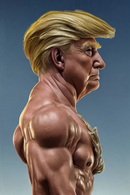 Image similar to President Donald J Trump as a Greek god, detailed face, gorgeous, amazing, muscular, fit, very muscular male body, Caesar victorious, proud Emperor , intricate, highly detailed, digital painting, artstation, concept art, sharp focus, illustration, art by greg rutkowski beeple and alphonse mucha