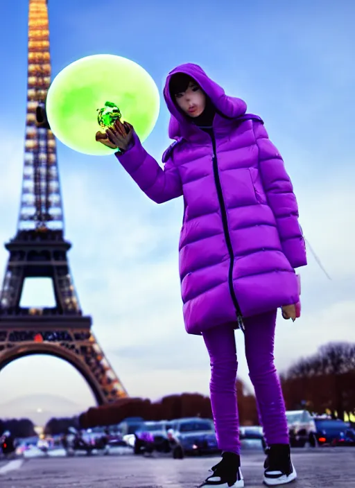 Image similar to purple alien wearing white puffer jacket, in paris, they hold a model ufo, anime frame, beautiful composition,