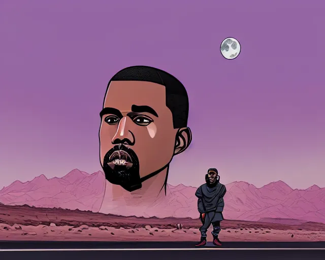 Prompt: a study of cell shaded cartoon of kanye west on a desert road, in front of a big moon illustration, wide shot, muted colors, post grunge, concept art by josan gonzales and wlop, david rubin, mike mignola, laurie greasley, highly detailed, sharp focus, trending on artstation, hq, deviantart, art by artgem