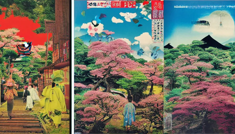 Prompt: Japan rural splendor rail travel and touring c2050, surrealist psychedelic photo-collage painting in the style of Newsweek magazine, +81 magazine, Roger Dean, Yoshio Awazu, vivid color