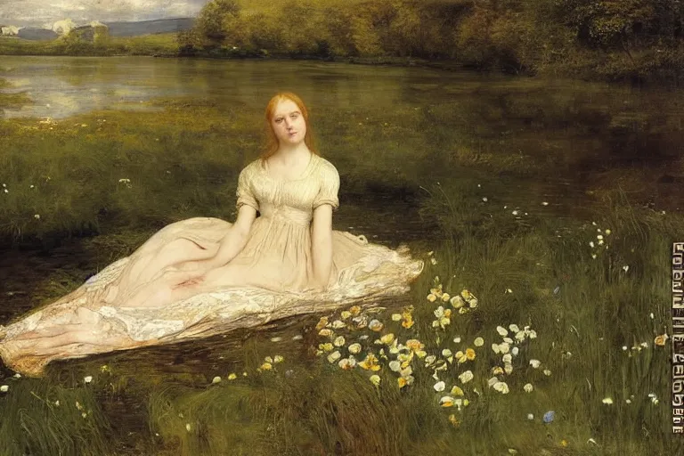 Prompt: a masterful portrait of a beautiful young girl, floating over a river full of high green grass and fine flowers, drowned, with closed eyes, wearing a nicely crafted antique dress, by sir john everett millais, realistic, hyperdetailed, ethereal, sad, masterpiece, oil painting, pre - raphaelites