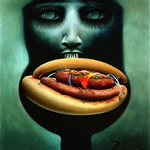 Prompt: a hotdog on a plate by beksinski, oil painting, high detail, 4 k, moody