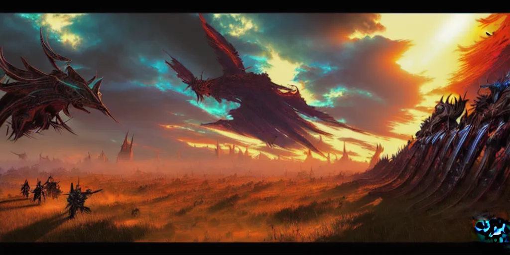 Prompt: guild wars 2, cinematic battlefield, god rays, digital art, high detail by Dan mumford