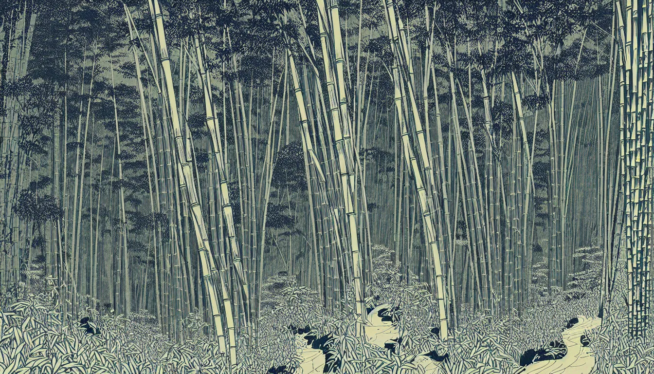Prompt: bamboo grove by woodblock print, nicolas delort, moebius, victo ngai, josan gonzalez, kilian eng