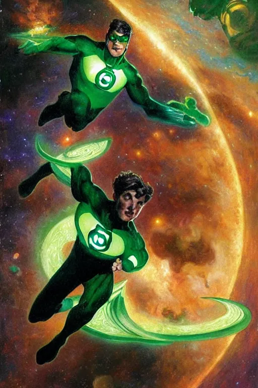 Prompt: green lantern flying through space. art by gaston bussiere.