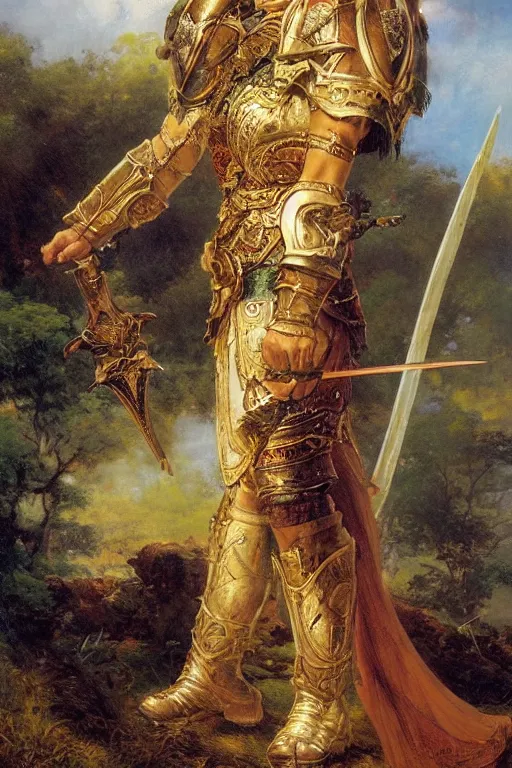 Image similar to a large broad - shouldered paladin warrior in intricate armor after a long battle, with a long broadsword, by adrian smith and delphin enjolras and daniel f. gerhartz and pierre auguste cot