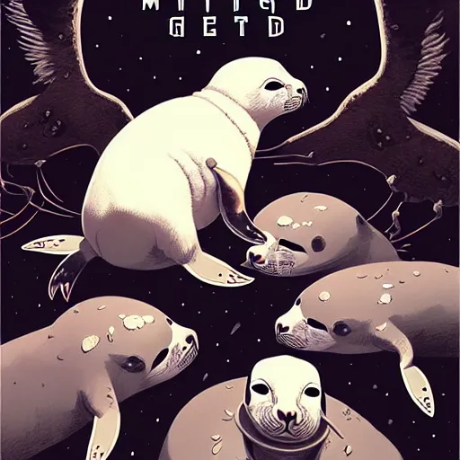 Image similar to highly detailed metal album cover featuring a cute white baby seal in a mosh pit by atey ghailan, by greg rutkowski, by greg tocchini, by james gilleard, by joe fenton, by kaethe butcher