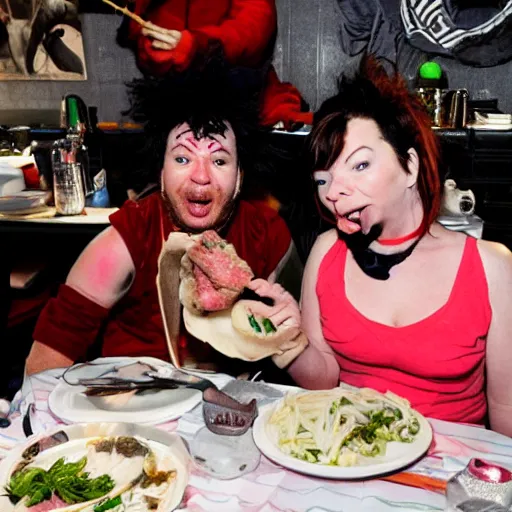 Image similar to bjork eating pork with a spork next to an orc in new york