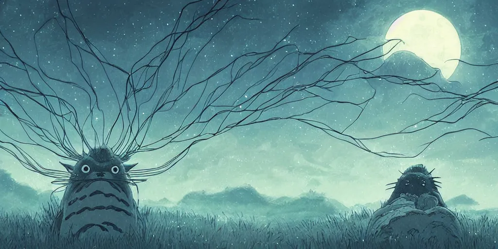 Image similar to glowing wireframe totoro, forest god of princess mononoke, mountain landscape, night sky, digital art, digital painting, celestial, majestic, colorful