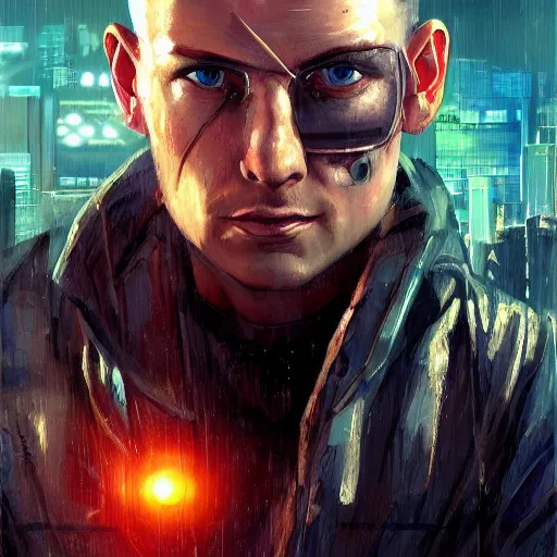 Image similar to cyberpunk, armitage, closeup portrait of a crazy ex soldier with a battlescar, light blue eyes, brown buzzcut, dramatic light, city background, sunset, dystopian setting, high contrast, sharp, neuromancer, painted by stanley lau, painted by greg rutkowski, painted by stanley artgerm, digital art, trending on artstation