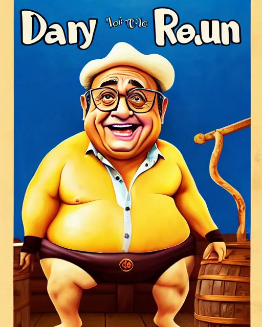 Image similar to painting portrait of danny devito as a rum ham, cartoon, warm lighting, danny devito has a rum ham body, danny devito's face on a rum ham. movie poster, trending on art station