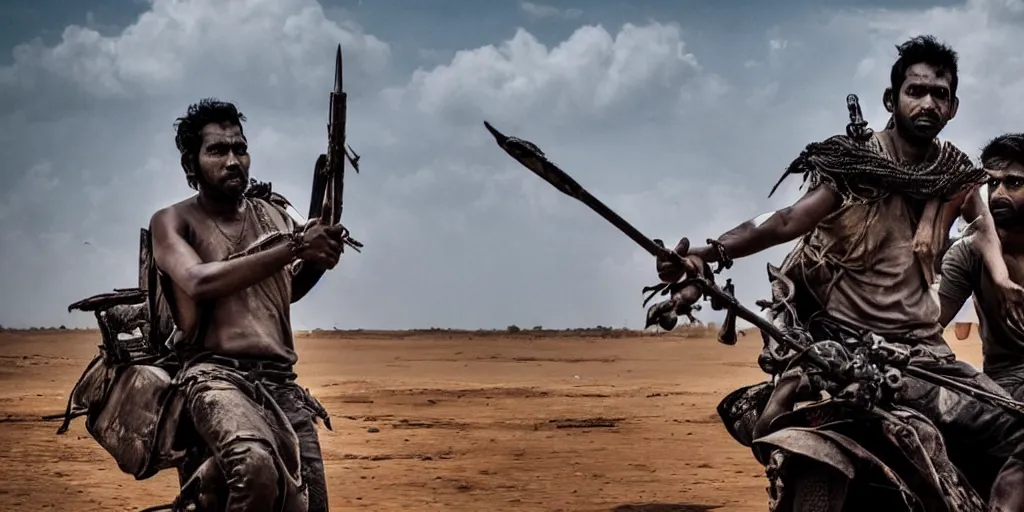 Prompt: sri lankan mad max style, film still, epic shot cinematography, rule of thirds