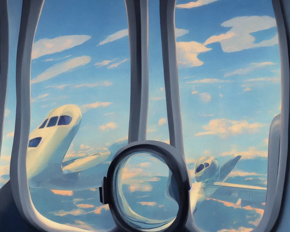 Prompt: an achingly beautiful print of inside a private jet looking out the window at Disneyland and surrounding area by Raphael, Hopper, and Rene Magritte. detailed, romantic, enchanting, trending on artstation.