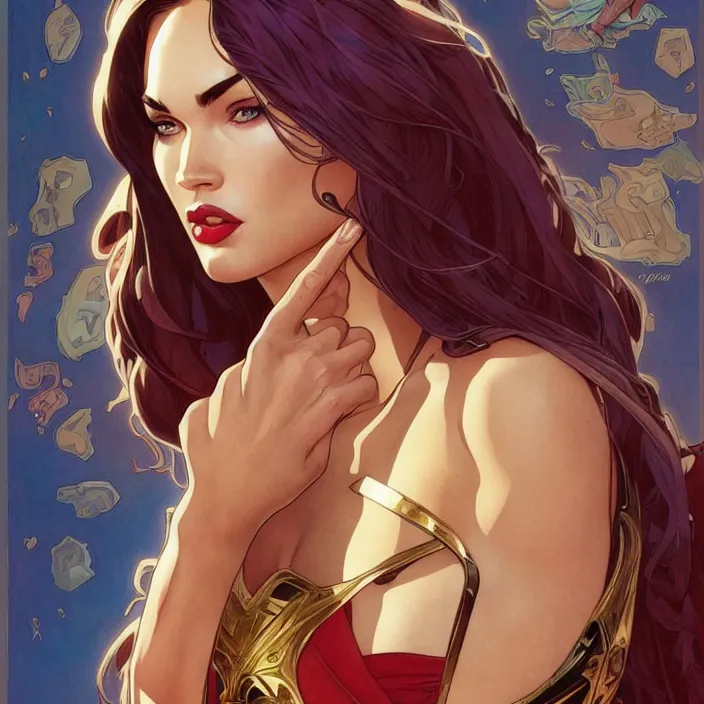 Image similar to megan fox as super girl by artgerm, greg rutkowski, alphonse mucha