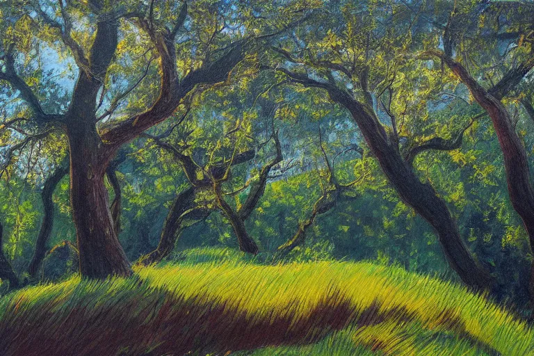 Image similar to masterpiece painting of oak trees on a hillside overlooking a creek, dramatic lighting, by peter ferguson