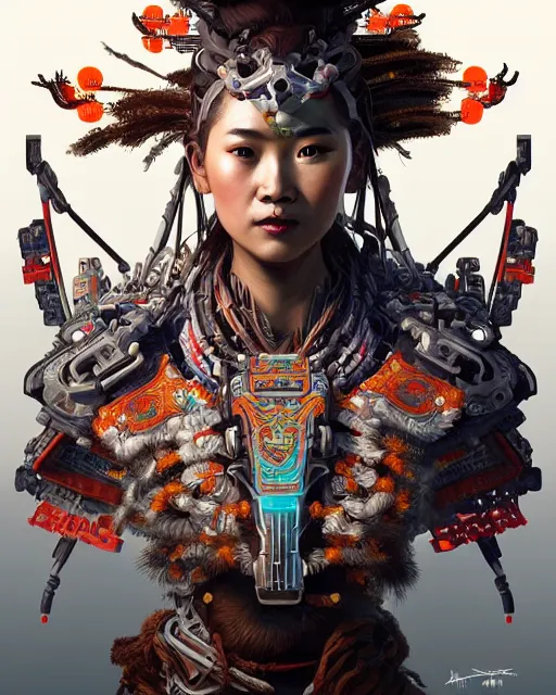 Image similar to portrait of a machine from horizon zero dawn, machine face, upper body, decorated with chinese opera motifs, asian, traditional chinese art, intricate, elegant, highly detailed, digital painting, artstation, concept art, smooth, sharp focus, illustration, art by artgerm and greg rutkowski and alphonse mucha, 8 k