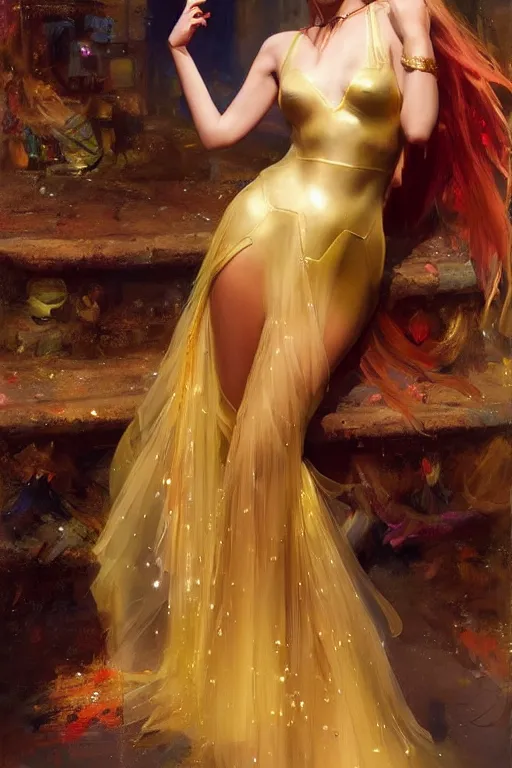 Prompt: cyberpunk beautiful girl, body golden armor, flowing gown by vladimir volegov and alexander averin and delphin enjolras and daniel f. gerhartz