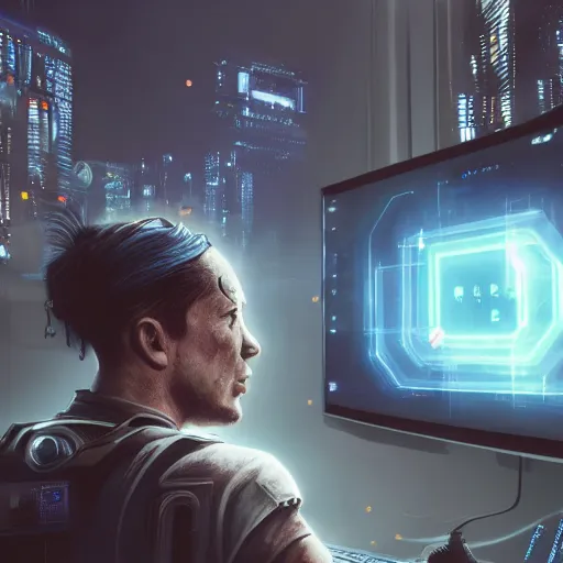 Prompt: a matte painting of a cyborg touching a computer screen, cyberpunk, surrounded by smoke, award-winning art, highly creative, hyperrealistic, highly-detailed, by Sam Spratt, by Vlad Rodrig﻿u﻿e﻿z, computer screens in the background, trending on Artstation, dark, dramatic, cinematic, realistic studio lighting, realistic reflections, 4k, professional, canon