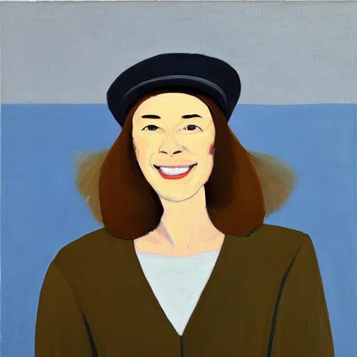 Prompt: woman with hat, by Alex Katz, colorful, smiling, oil on canvas