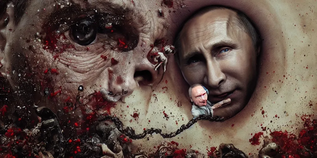 Prompt: highly detailed surreal vfx portrait of vladimir putin's face is eaten by worms, in the background an army of zombies with their mouths sewn shut with wire in the shape of the letter z, style of makoto shinkai studio ghibli genshin impact jamie wyeth james gilleard greg rutkowski, photorealistic, hyperdetailed