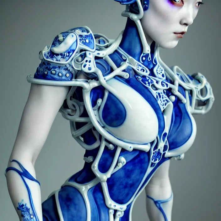 Image similar to porcelain cyborg, Chinese Blue and white porcelain exoskeleton 14th century, diffuse lighting, fantasy, intricate, elegant, highly detailed, lifelike, photorealistic, digital painting, artstation, illustration, concept art, smooth, sharp focus, art by John Collier and Albert Aublet and Krenz Cushart and Artem Demura and Alphonse Mucha