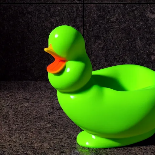 Image similar to rubber duck made of green slime melting on a bathroom, unreal engine 5, excellent composition, trending on artstation, million of likes, ray tracing, natural lighting