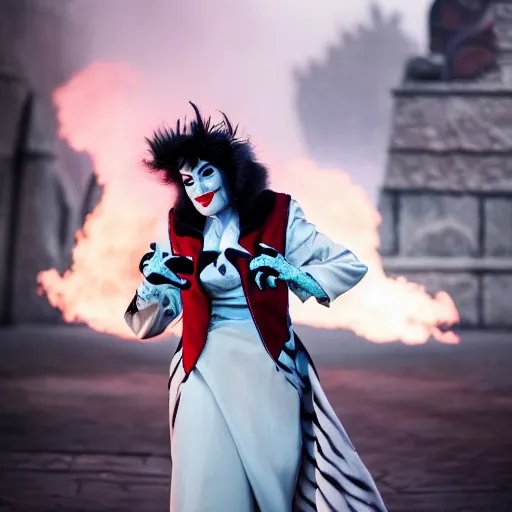 Image similar to disney cruella devilla, 8 k, professional photography, cinematic shot, dark, smoke