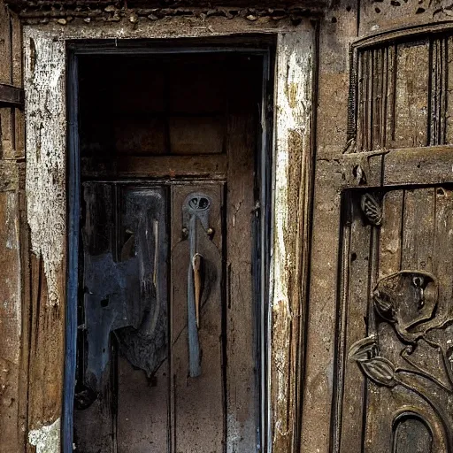 Image similar to A ajar dilapidated door with a human face hangs on loops, medieval style, dramatic lighting