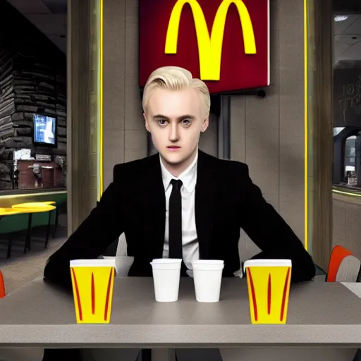 Image similar to Draco Malfoy sitting at a booth in McDonalds, McDonalds interior background, photo